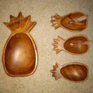 (4) MCM Wooden Serving Bowls:  Pineapple Shaped w/ Utensils. Vintage.